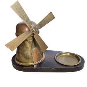 Vintage MCM Brass & Copper Windmill Trinket Tray/ Smoking Set Desk Accessory